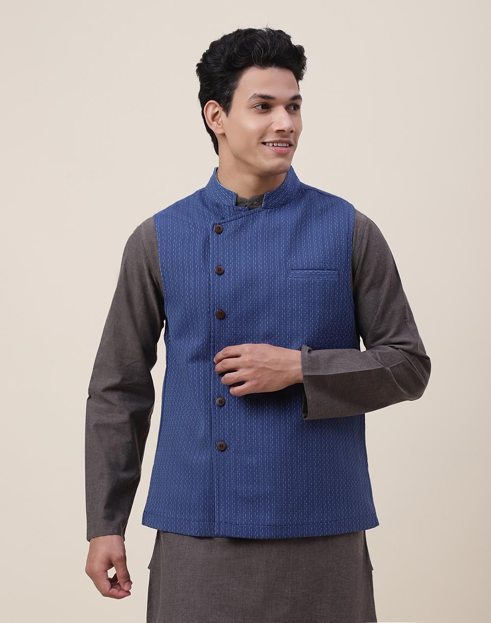 Blue Cotton Woven Nehru Jacket