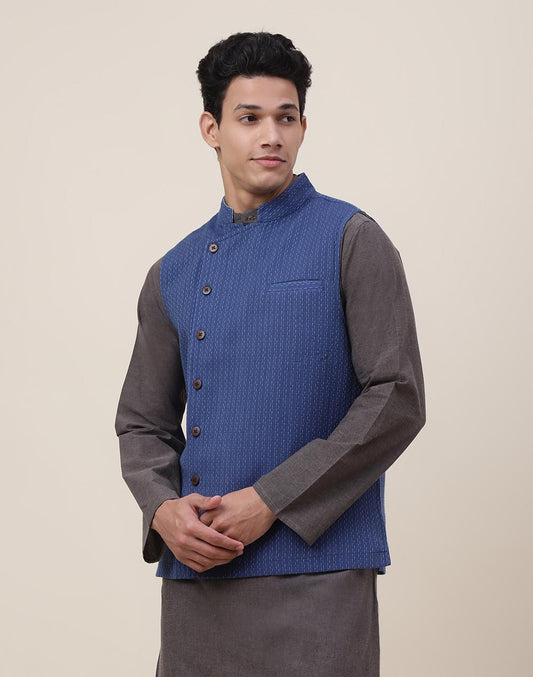 Blue Cotton Woven Nehru Jacket