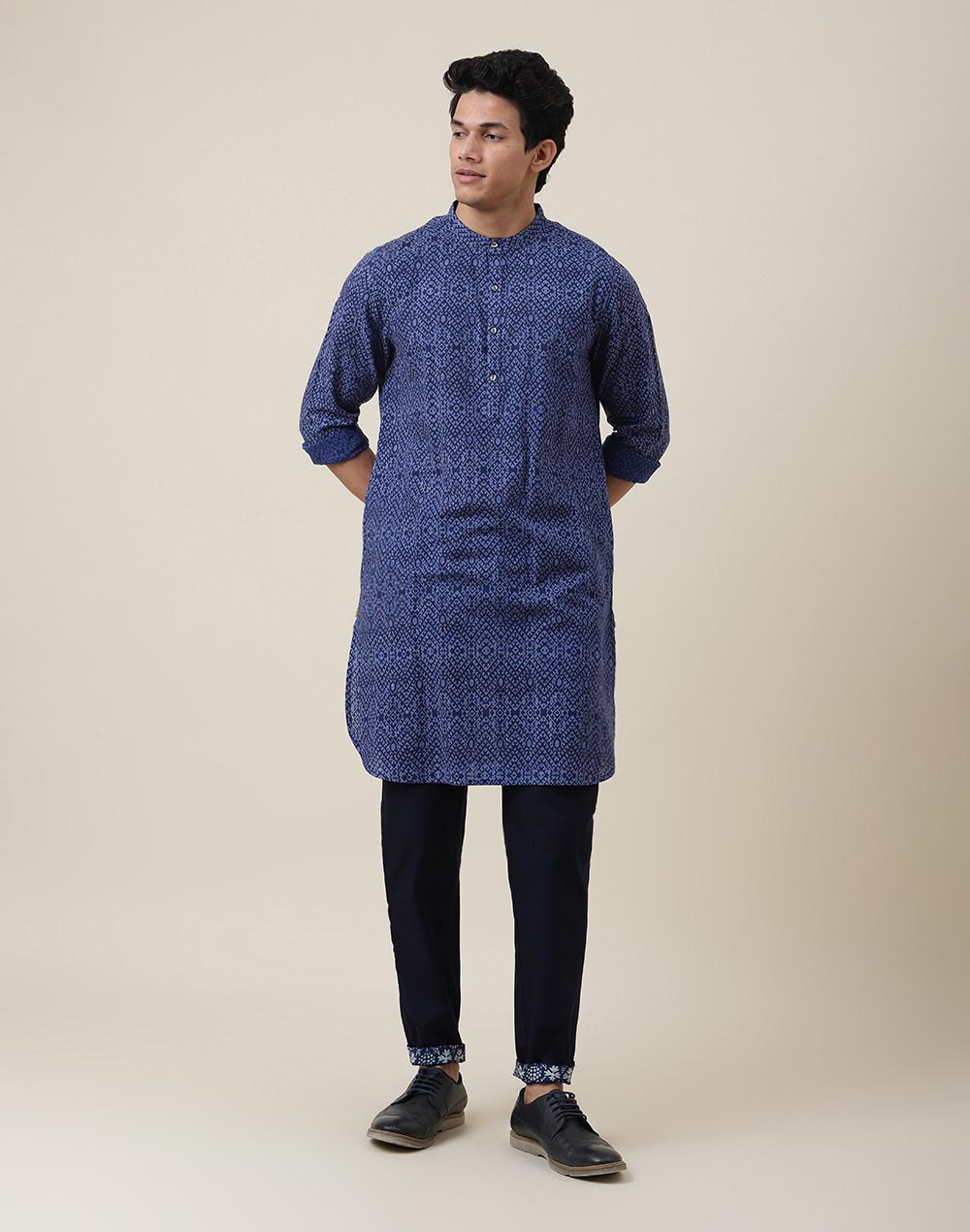 Blue Cotton Slim Fit Printed Long Kurta